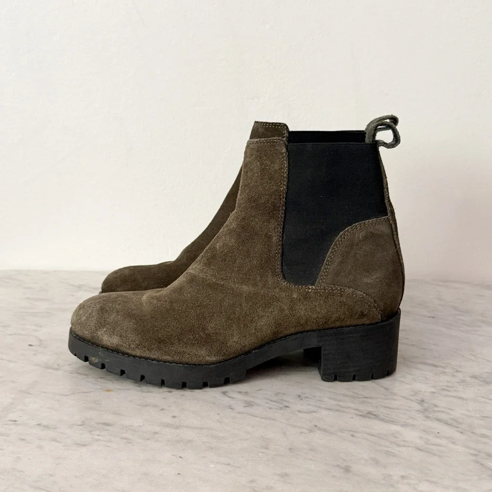 Suede Chelsea Boots Lug Sole Ankle 7 Olive Green Pull On Block Heel